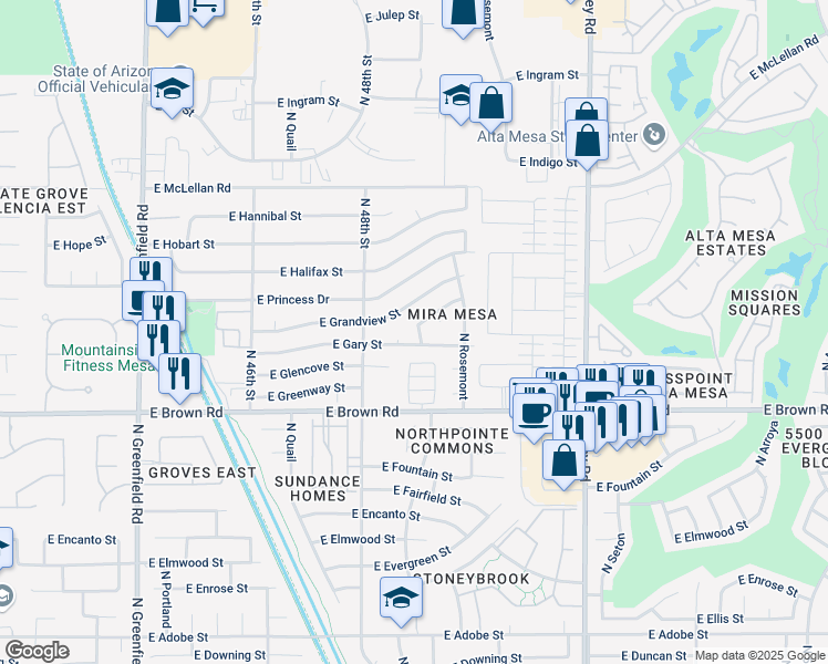 map of restaurants, bars, coffee shops, grocery stores, and more near 4848 East Gary Street in Mesa