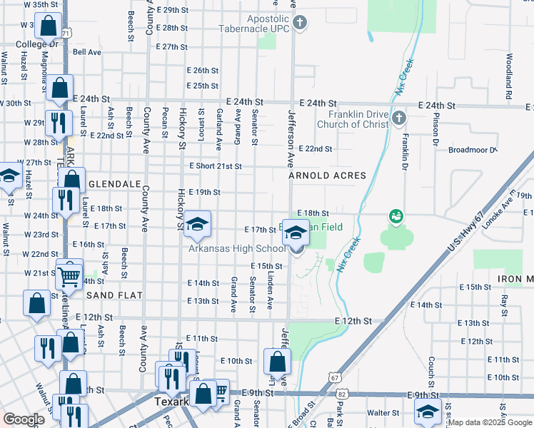 map of restaurants, bars, coffee shops, grocery stores, and more near 1714 Linden Avenue in Texarkana