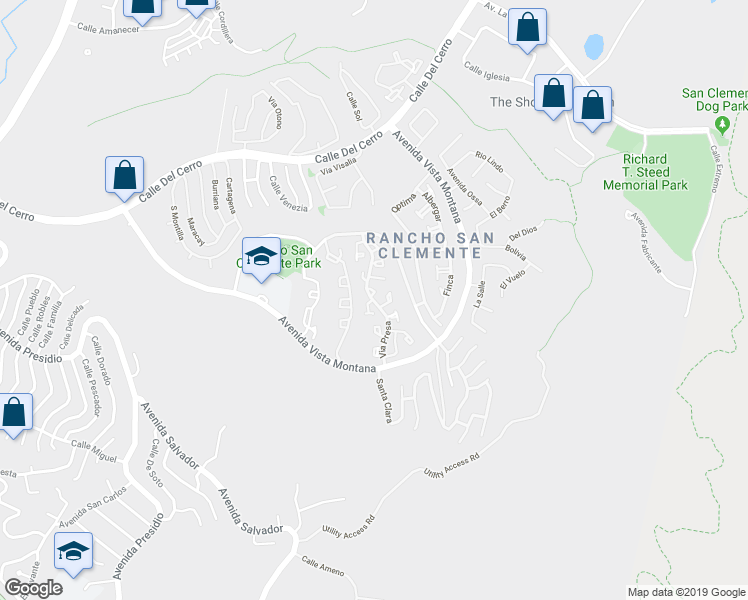 map of restaurants, bars, coffee shops, grocery stores, and more near Via Presa in San Clemente