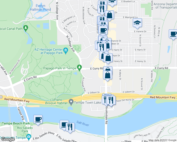 map of restaurants, bars, coffee shops, grocery stores, and more near 925 North College Avenue in Tempe