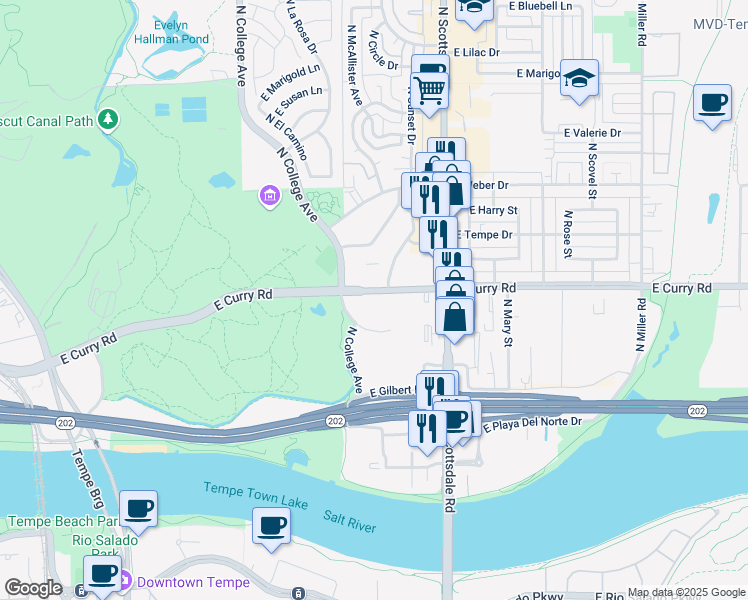 map of restaurants, bars, coffee shops, grocery stores, and more near 925 North College Avenue in Tempe