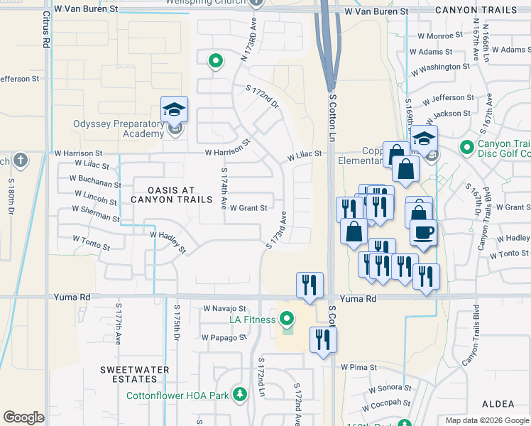 map of restaurants, bars, coffee shops, grocery stores, and more near 17330 West Sherman Street in Goodyear