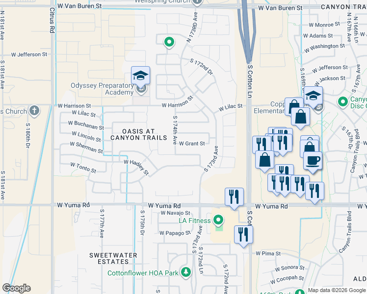 map of restaurants, bars, coffee shops, grocery stores, and more near 17378 West Sherman Street in Goodyear
