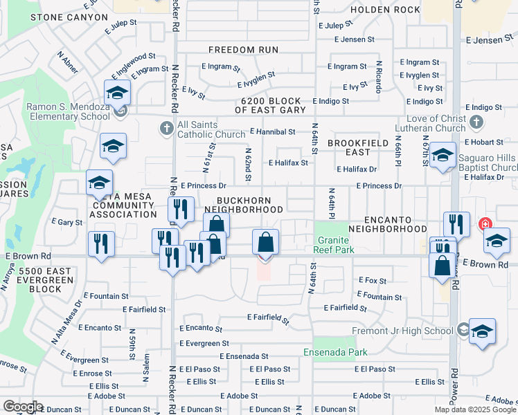 map of restaurants, bars, coffee shops, grocery stores, and more near 6241 East Gary Circle in Mesa
