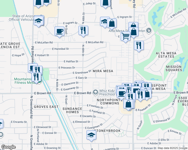 map of restaurants, bars, coffee shops, grocery stores, and more near 4848 East Gary Street in Mesa