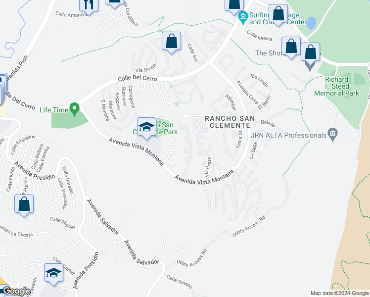 map of restaurants, bars, coffee shops, grocery stores, and more near 240 Avenida Vista Montana in San Clemente