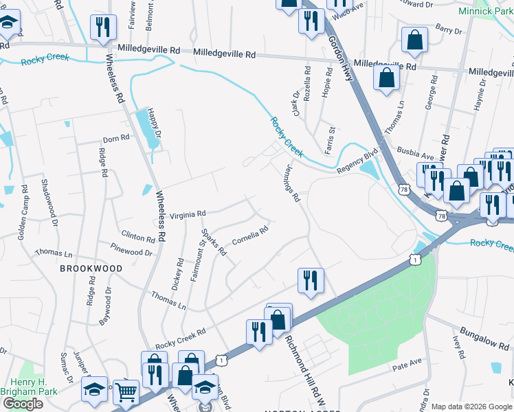 map of restaurants, bars, coffee shops, grocery stores, and more near 2412 Jennings Road in Augusta