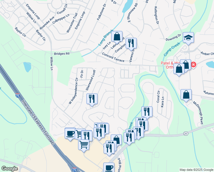 map of restaurants, bars, coffee shops, grocery stores, and more near 353 Robin Loop Lane in McDonough