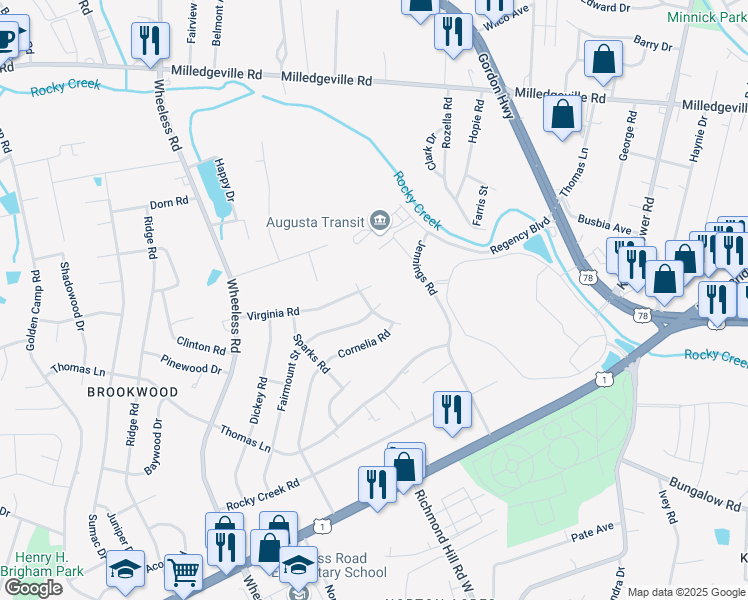 map of restaurants, bars, coffee shops, grocery stores, and more near 2404 Jennings Road in Augusta