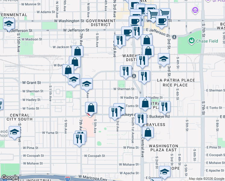 map of restaurants, bars, coffee shops, grocery stores, and more near 801 South Montezuma Street in Phoenix