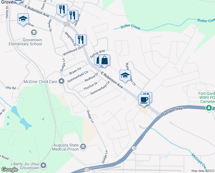 map of restaurants, bars, coffee shops, grocery stores, and more near 328 Summerfield Circle in Grovetown