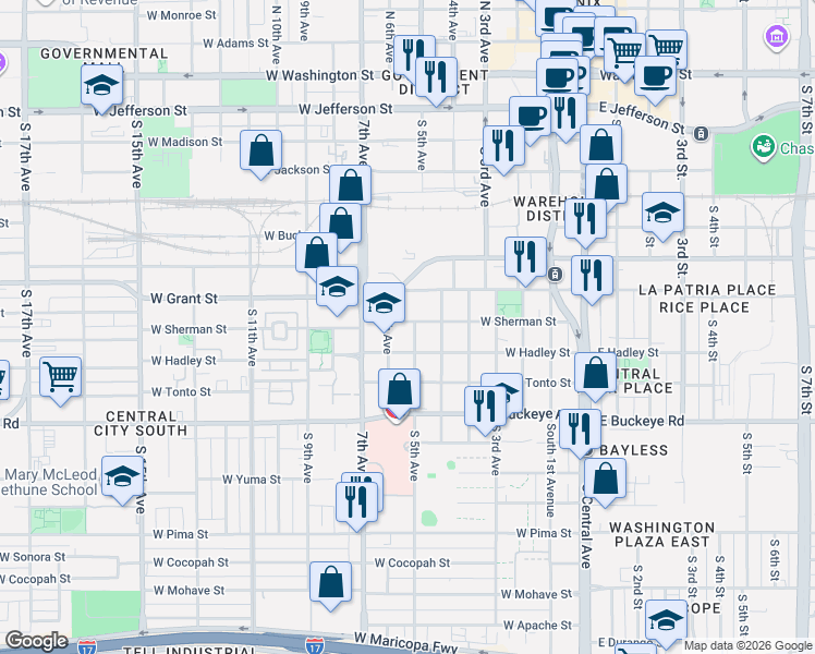 map of restaurants, bars, coffee shops, grocery stores, and more near 802 South 6th Avenue in Phoenix
