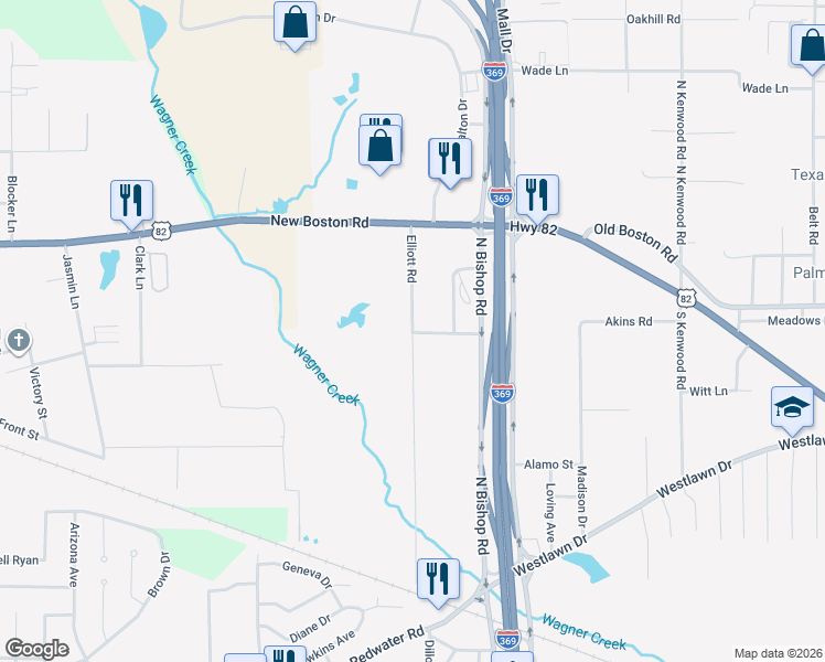 map of restaurants, bars, coffee shops, grocery stores, and more near 699 Elliott Lane in Texarkana