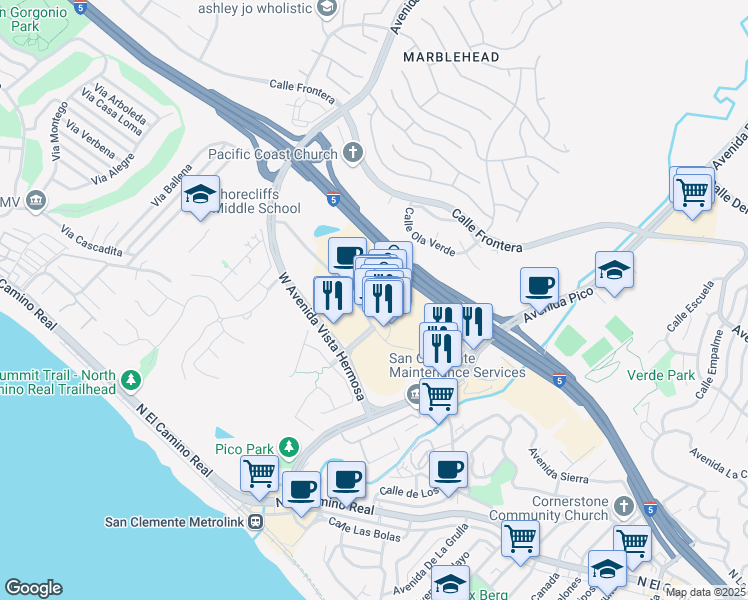 map of restaurants, bars, coffee shops, grocery stores, and more near 101 West Avenida Vista Hermosa in San Clemente