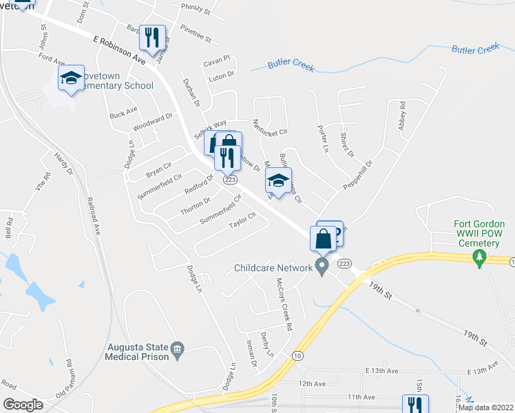 map of restaurants, bars, coffee shops, grocery stores, and more near 104 Taylor Circle in Grovetown