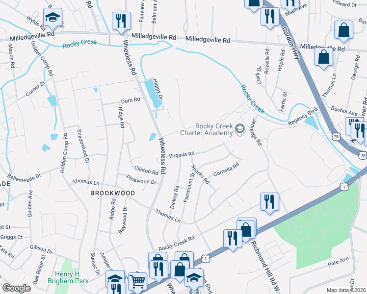 map of restaurants, bars, coffee shops, grocery stores, and more near 2921 Virginia Road in Augusta