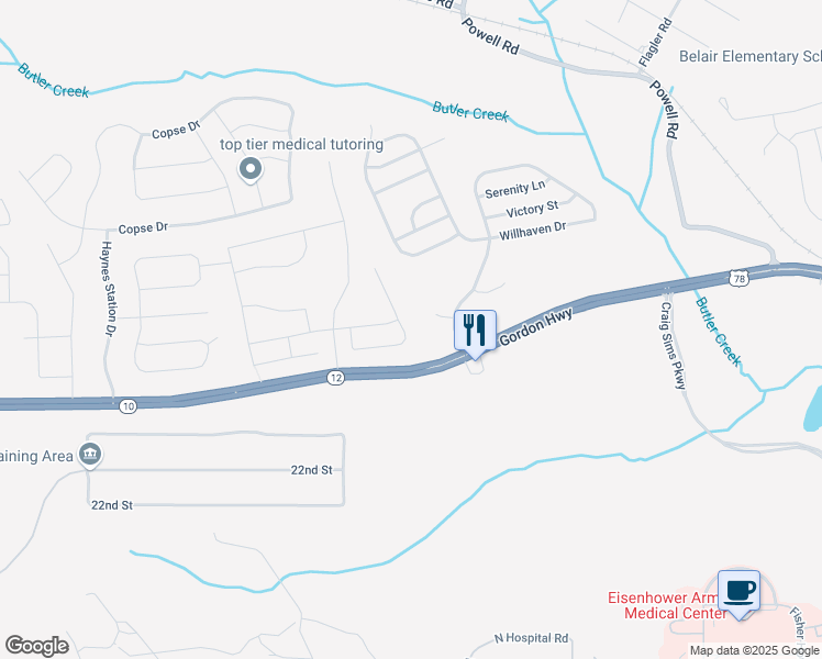 map of restaurants, bars, coffee shops, grocery stores, and more near 176 Sims Court in Augusta