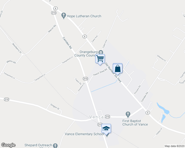 map of restaurants, bars, coffee shops, grocery stores, and more near 142 Peach Shed Road in Vance