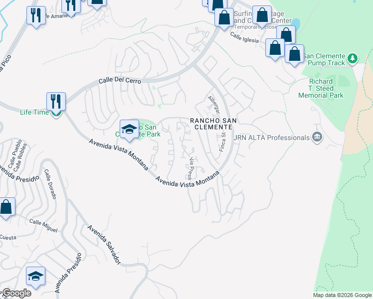 map of restaurants, bars, coffee shops, grocery stores, and more near 423 Via Presa in San Clemente