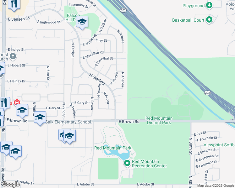 map of restaurants, bars, coffee shops, grocery stores, and more near 7528 East Grandview Circle in Mesa