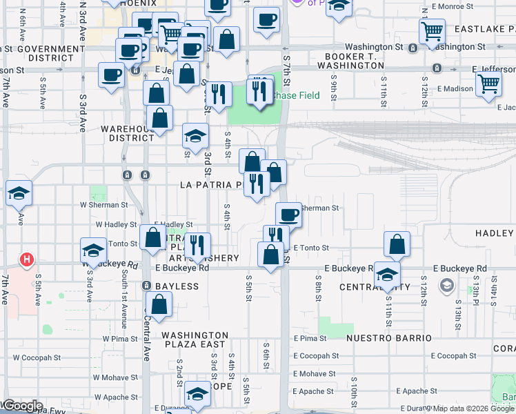 map of restaurants, bars, coffee shops, grocery stores, and more near 599 East Grant Street in Phoenix