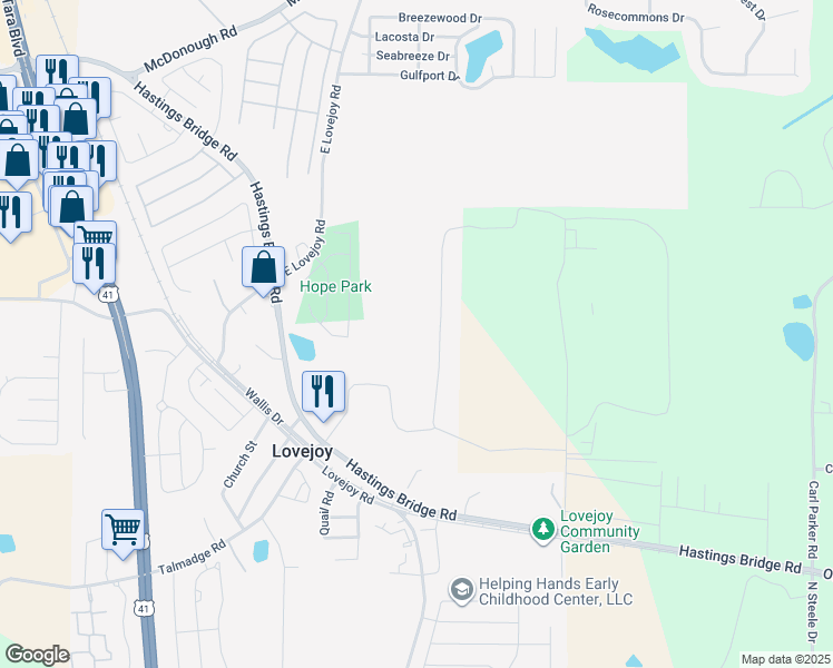 map of restaurants, bars, coffee shops, grocery stores, and more near in Lovejoy
