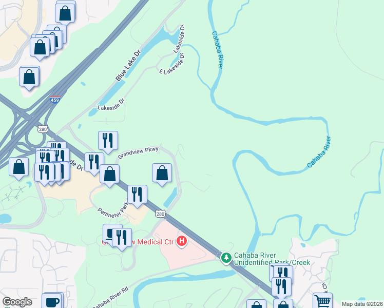 map of restaurants, bars, coffee shops, grocery stores, and more near 3570 Grandview Pkwy in Birmingham