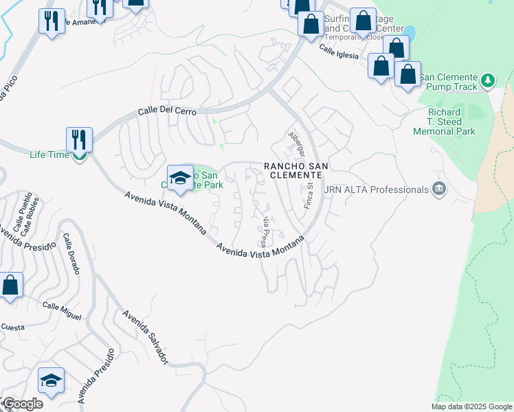 map of restaurants, bars, coffee shops, grocery stores, and more near 1011 Via Presa in San Clemente