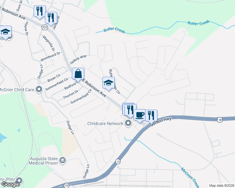map of restaurants, bars, coffee shops, grocery stores, and more near 667 East Robinson Avenue in Grovetown