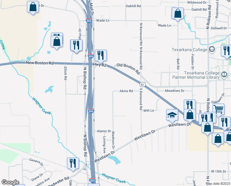 map of restaurants, bars, coffee shops, grocery stores, and more near 604 Madison Drive in Texarkana