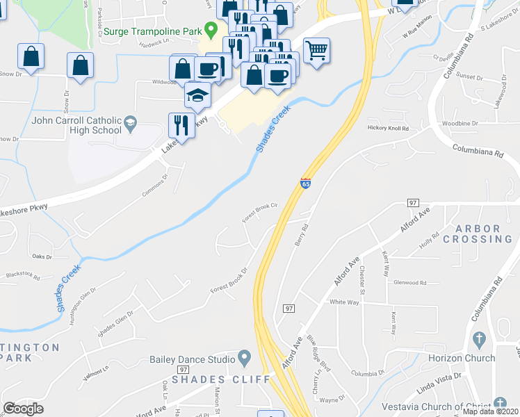 map of restaurants, bars, coffee shops, grocery stores, and more near 1299 Forest Brook Circle in Birmingham
