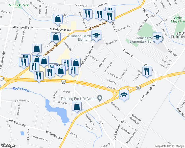 map of restaurants, bars, coffee shops, grocery stores, and more near 1919 Lionel Street in Augusta