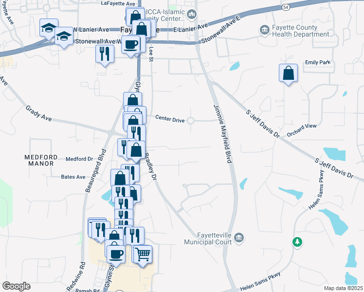 map of restaurants, bars, coffee shops, grocery stores, and more near 200 Williamsburg Way in Fayetteville