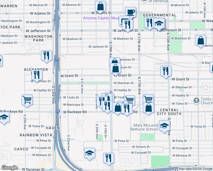 map of restaurants, bars, coffee shops, grocery stores, and more near 1918 West Hadley Street in Phoenix