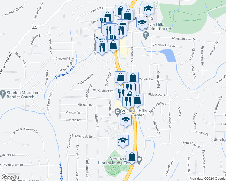 map of restaurants, bars, coffee shops, grocery stores, and more near 1042 Vestavia Manor Drive in Vestavia Hills
