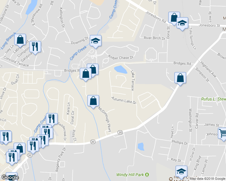 map of restaurants, bars, coffee shops, grocery stores, and more near 346 Autumn Lake Drive in McDonough
