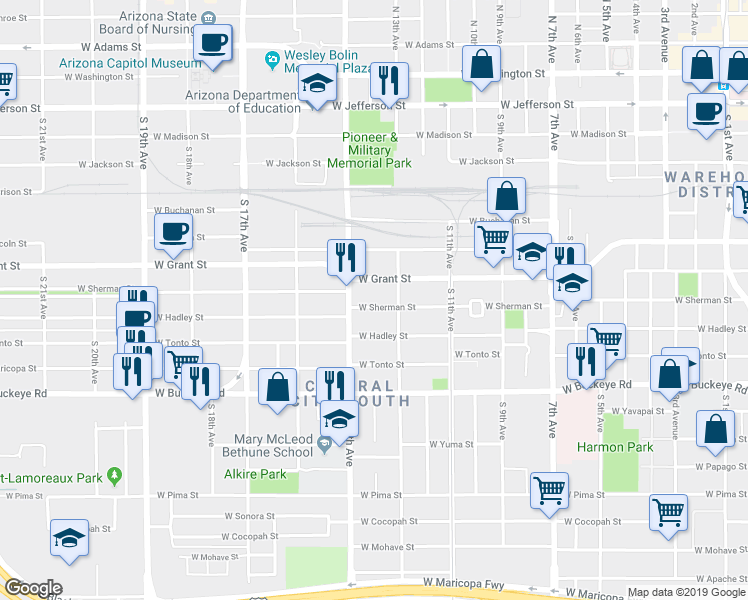 map of restaurants, bars, coffee shops, grocery stores, and more near 1329 West Sherman Street in Phoenix