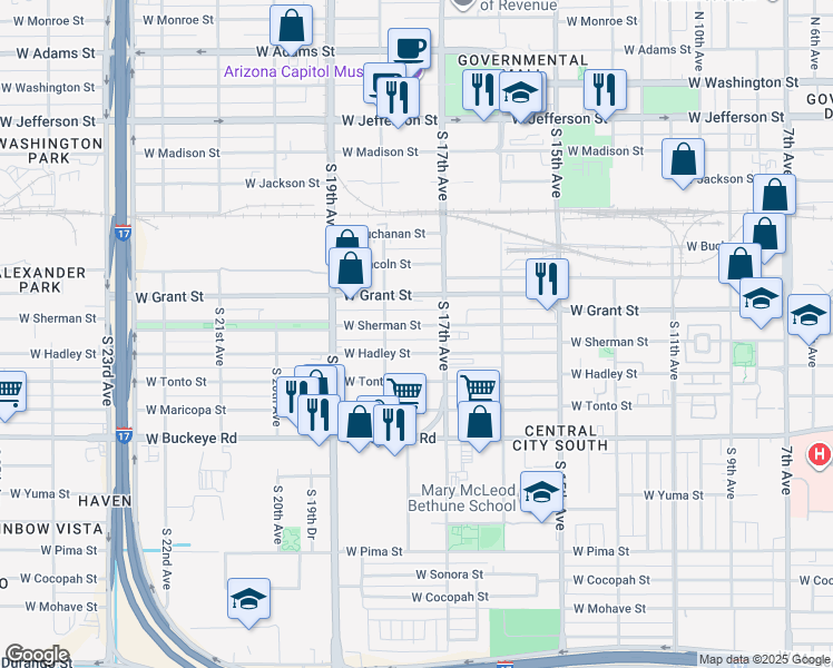 map of restaurants, bars, coffee shops, grocery stores, and more near 1714 West Hadley Street in Phoenix