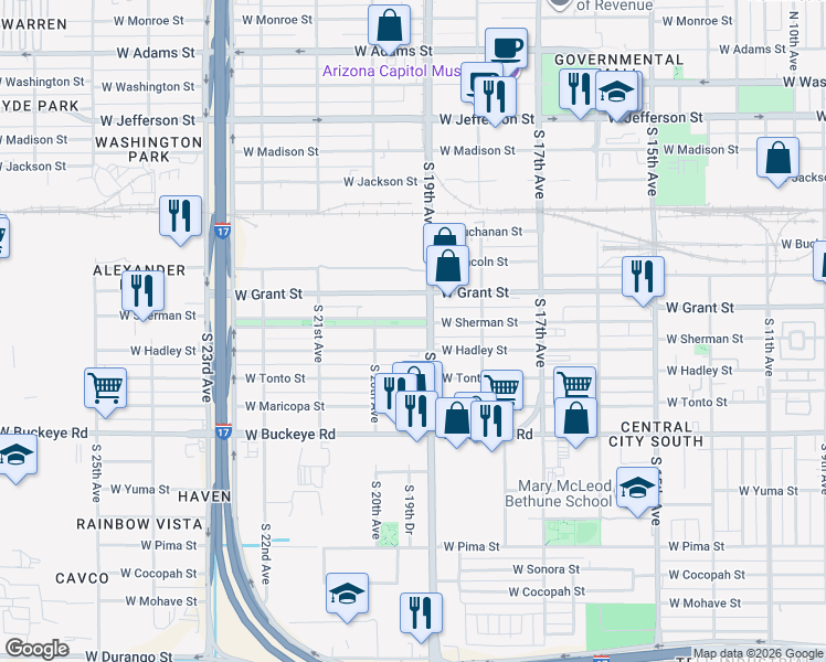 map of restaurants, bars, coffee shops, grocery stores, and more near 1918 West Hadley Street in Phoenix
