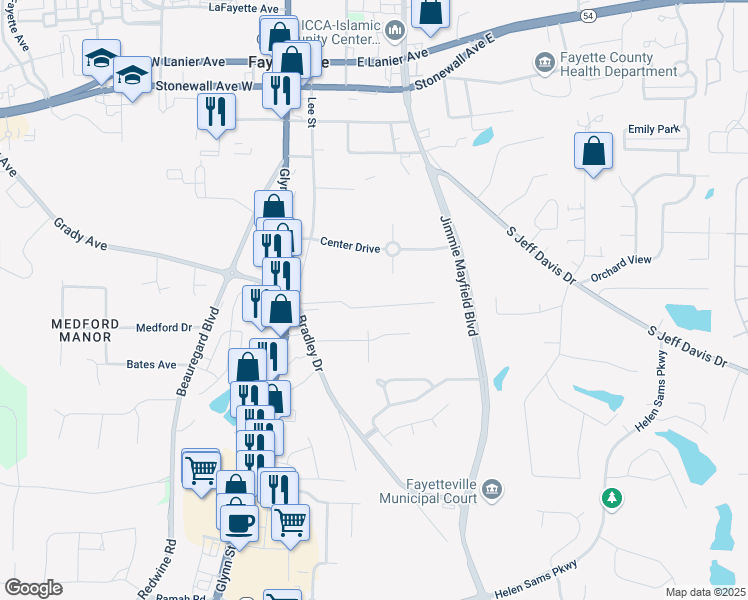 map of restaurants, bars, coffee shops, grocery stores, and more near 200 Williamsburg Way in Fayetteville
