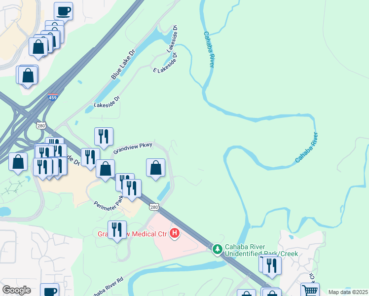 map of restaurants, bars, coffee shops, grocery stores, and more near 3570 Grandview Pkwy in Birmingham