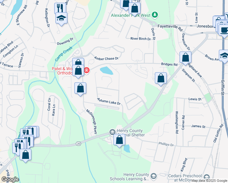 map of restaurants, bars, coffee shops, grocery stores, and more near 203 Autumn Lake Way in McDonough