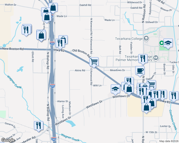 map of restaurants, bars, coffee shops, grocery stores, and more near 302 South Kenwood Road in Texarkana
