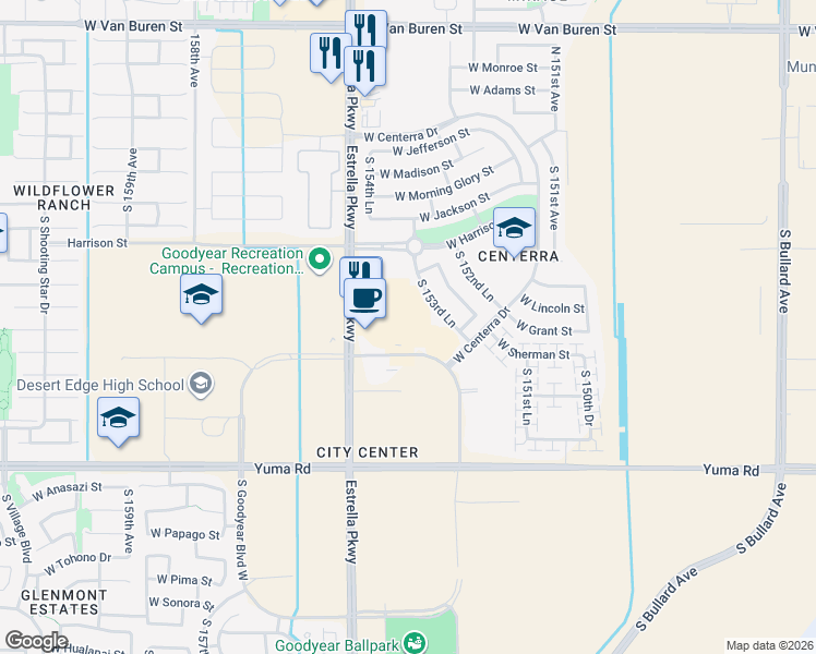 map of restaurants, bars, coffee shops, grocery stores, and more near 15401 West Goodyear Boulevard North in Goodyear