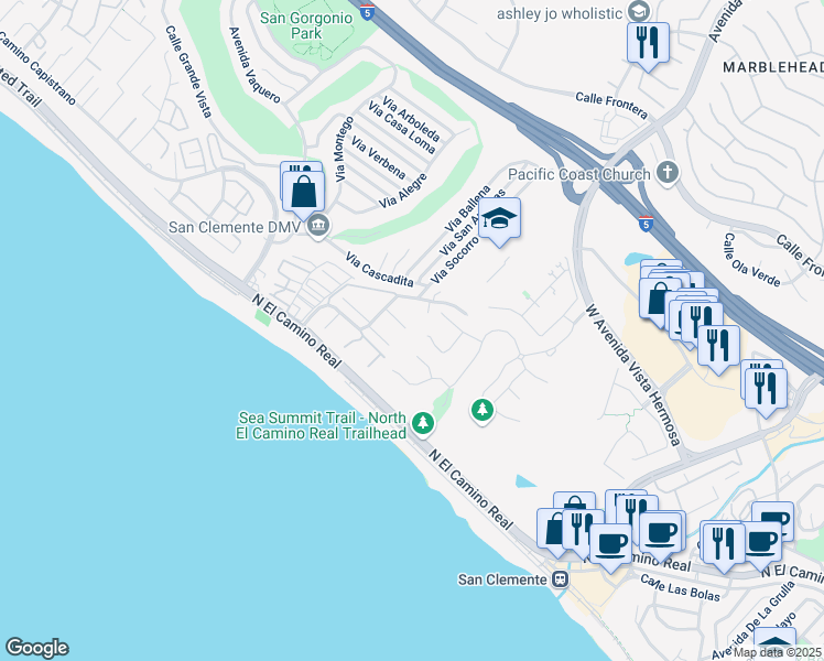 map of restaurants, bars, coffee shops, grocery stores, and more near 345 Camino San Clemente in San Clemente