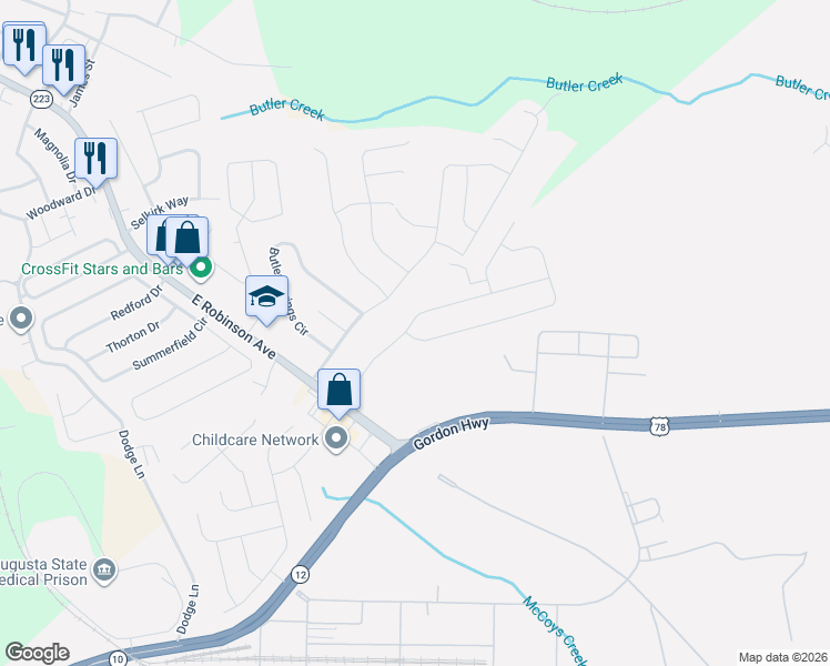 map of restaurants, bars, coffee shops, grocery stores, and more near 3020 Pepperhill Drive in Grovetown