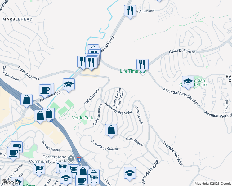 map of restaurants, bars, coffee shops, grocery stores, and more near 419 Calle Pueblo in San Clemente