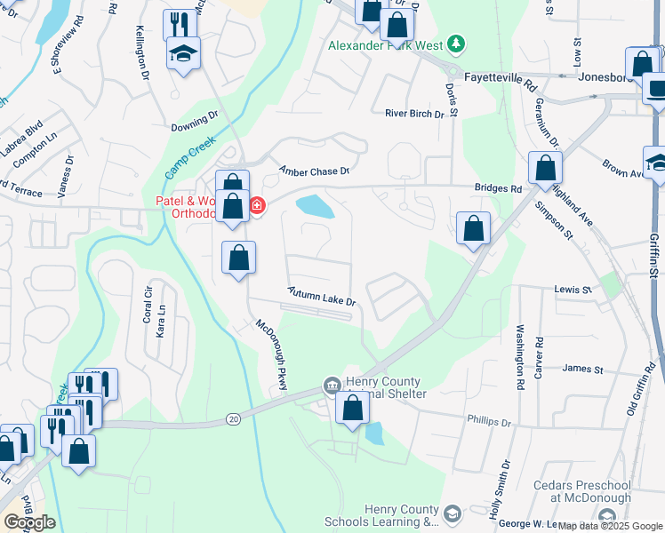 map of restaurants, bars, coffee shops, grocery stores, and more near 205 Autumn Lake Way in McDonough