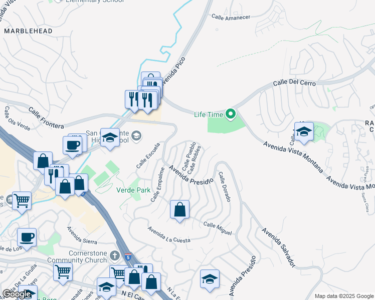 map of restaurants, bars, coffee shops, grocery stores, and more near 419 Calle Pueblo in San Clemente
