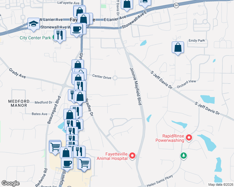 map of restaurants, bars, coffee shops, grocery stores, and more near 190 Laurien Street in Fayetteville